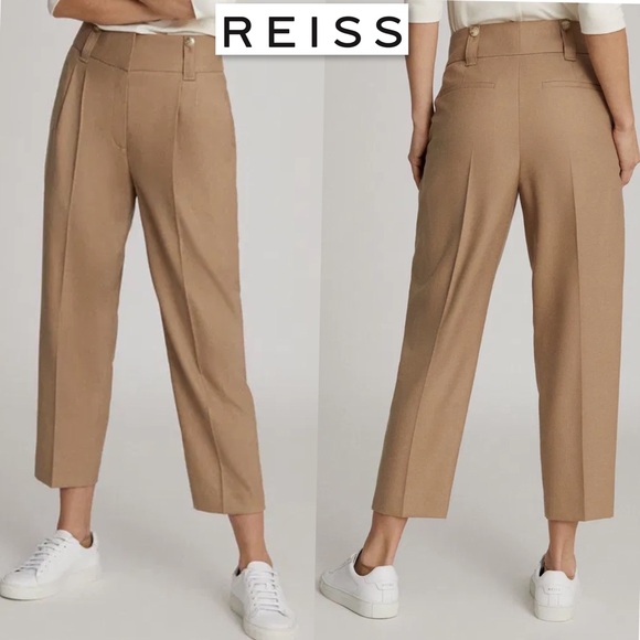 REISS Esther Wool Silk Linen Blend Pleat Front Trousers High Rise Pants In Tan 8 - Picture 3 of 16